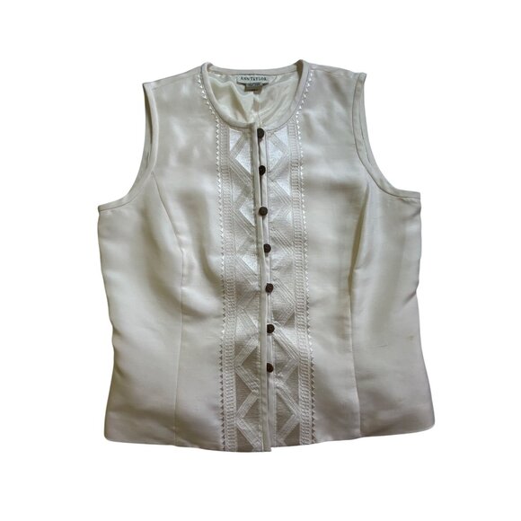 Ann Taylor Cream Silk Vest Blouse Front Embroidery & Buttons Size 8 Western Y2K - Picture 1 of 10